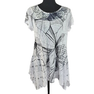 IMPULSE Sheer Knit Lace Neck Short Sleeve Shart Bite Hem White Tropical